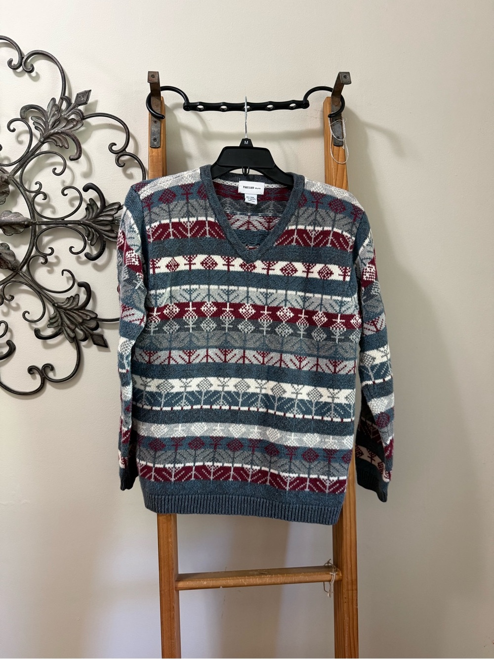 Parisian Works Men's V-Neck Geometric Knit Sweater in Gray, White & Burgundy